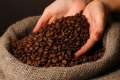 hands holding coffee beans above bag