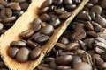 coffee beans close up wooden scoop